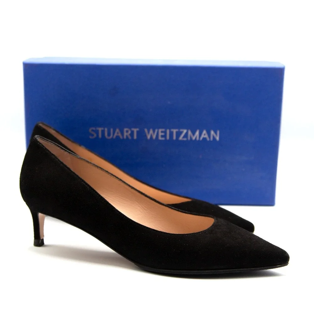 Stuart Weitzman Leigh 45 Black Suede Pointed‎ Toe Kitten Heel Pumps 6M
